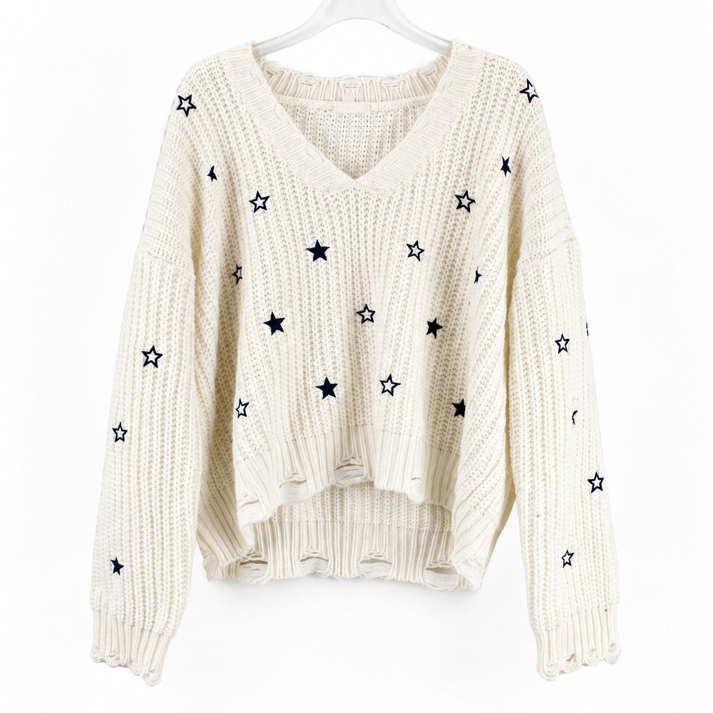 Hem & Thread Cream Star Embroidered Distressed V-Neck Ribbed Knit Sweater Large